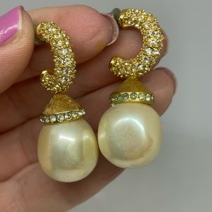 Vintage half Crystal Hoop with Faux Pearl Dangle